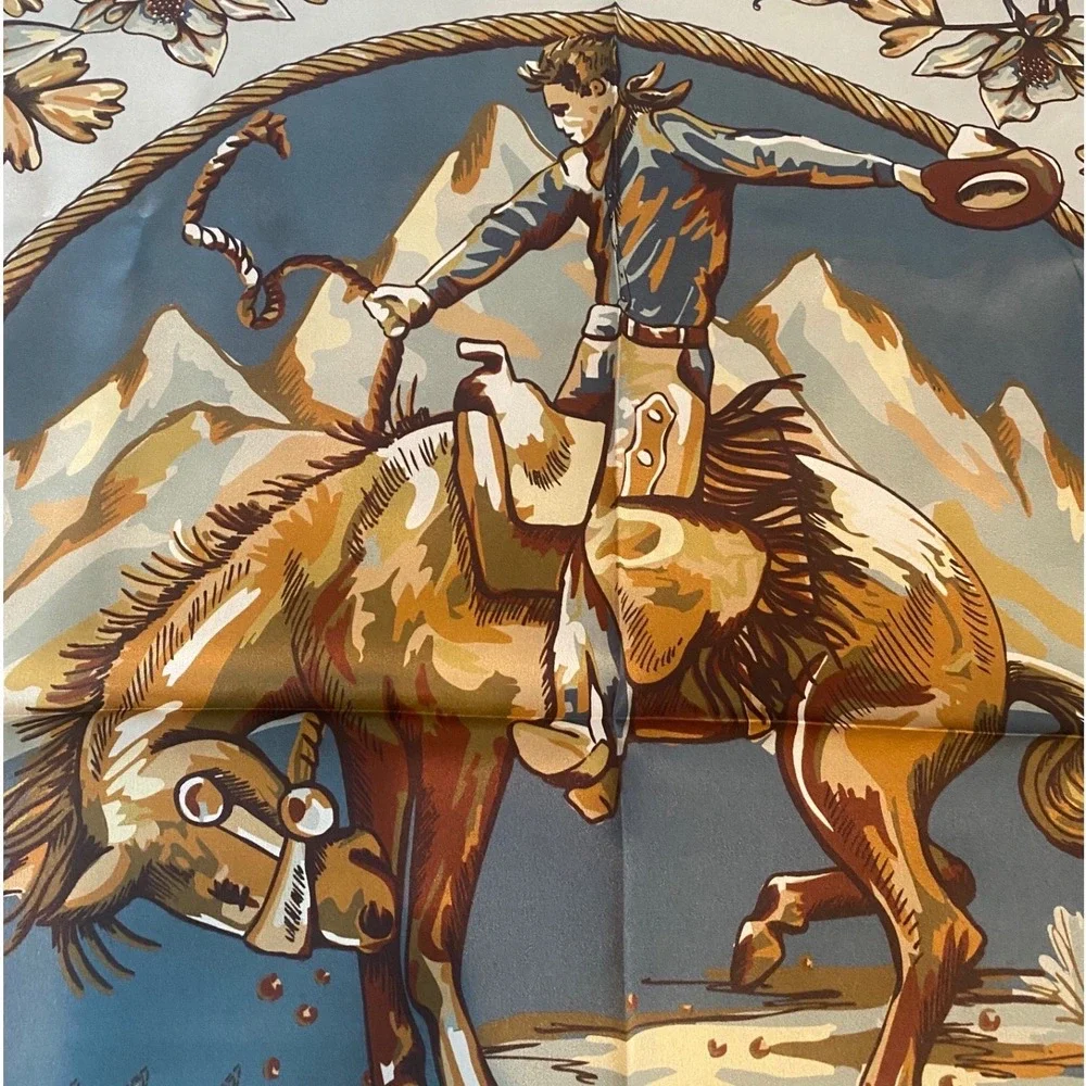 NEW DOUBLE D RANCH 100% Silk Scarf Country Western Cowgirl Boho 25" Blue Brown - Picture 3 of 9